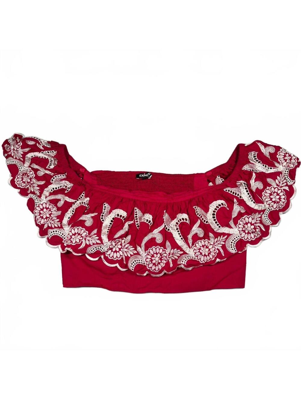 Express Red Off Shoulder Crop Top Eyelet Floral Embroidered Boho Size Large